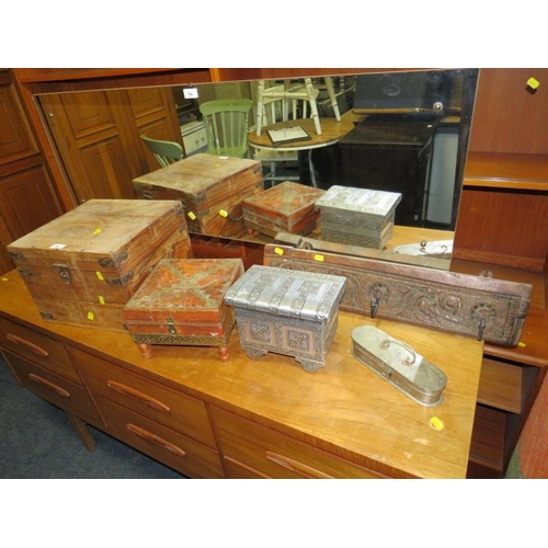 753 - An eastern wooden hardwood box together with another similar example, two metal boxes and coat hooks