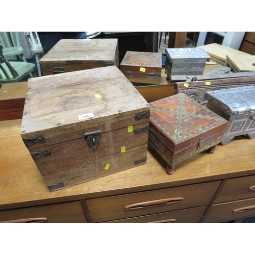 753 - An eastern wooden hardwood box together with another similar example, two metal boxes and coat hooks