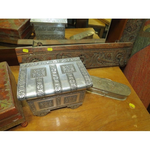 753 - An eastern wooden hardwood box together with another similar example, two metal boxes and coat hooks