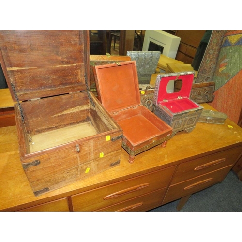 753 - An eastern wooden hardwood box together with another similar example, two metal boxes and coat hooks