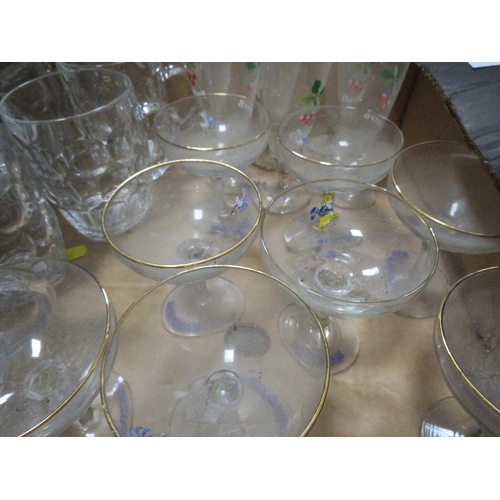 76 - TWO TRAYS OF ASSORTED CERAMICS & GLASS TO INCLUDE BABYCHAM GLASSES