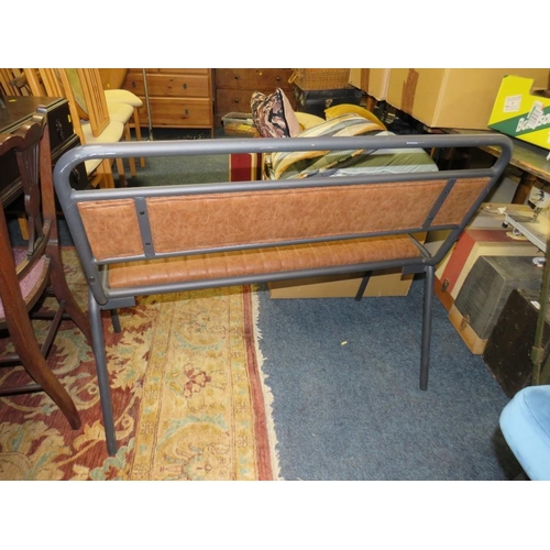 766 - A modern industrial metal and leather style bench