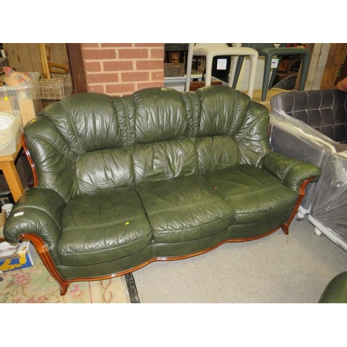 785 - A green leather, three piece lounge suite