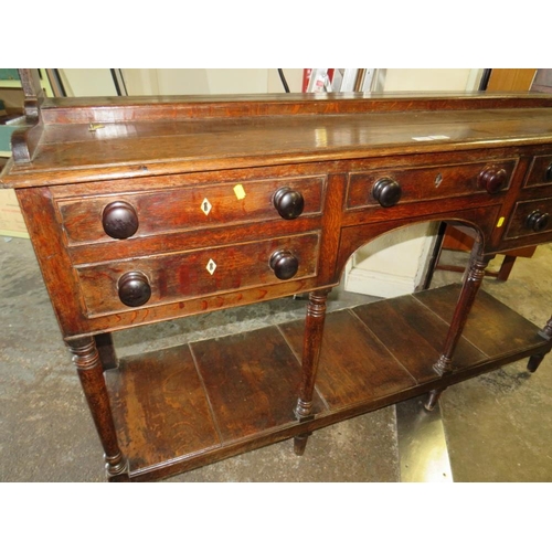 794 - A GEORGIAN OPEN WELSH DRESSER OF SMALL PROPORTIONS, having an arrangement of five drawers, raised on... 