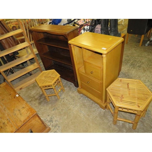 796 - A modern multi drawer cabinet with two open bookcases and two bamboo tables