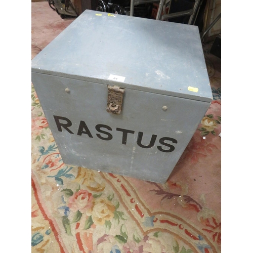 81 - A SQUARE STORAGE BOX LABELLED RASTUS