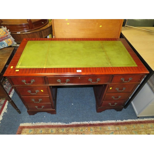 820 - A modern mahogany reproduction, green leather top, twin pedestal desk W 121 cm