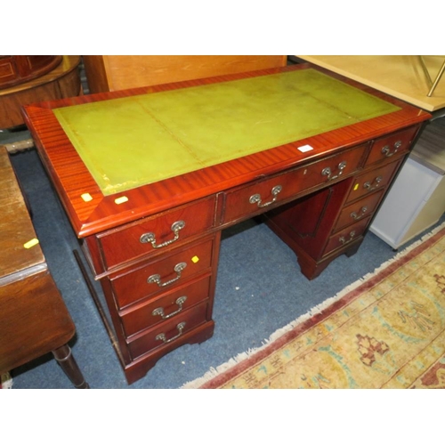 820 - A modern mahogany reproduction, green leather top, twin pedestal desk W 121 cm