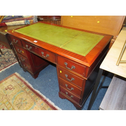 820 - A modern mahogany reproduction, green leather top, twin pedestal desk W 121 cm