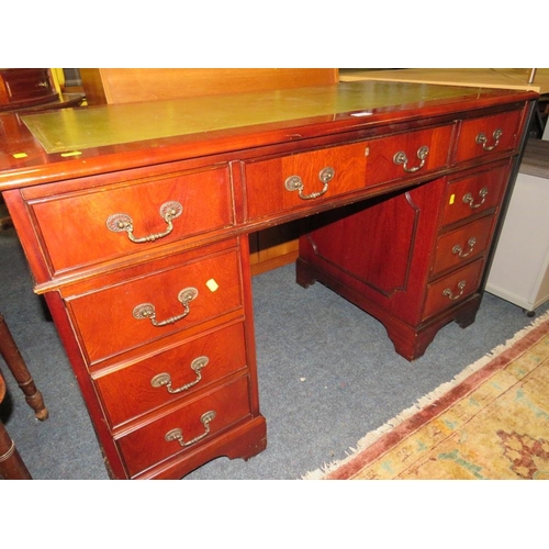 820 - A modern mahogany reproduction, green leather top, twin pedestal desk W 121 cm