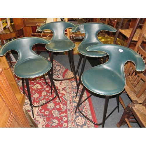 825 - Two pairs of green leather bar/kitchen stools