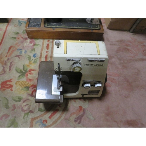 83 - FOUR ASSORTED SEWING MACHINES TOGETHER WITH AN OVERLOCK MACHINE - ALL AS FOUND