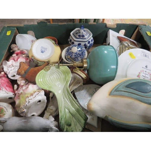 87 - THREE TRAYS OF MIXED CHINA AND COLLECTABLES TO INCLUDE WEDGWOOD, DOULTON, OLD FIGURES ETC