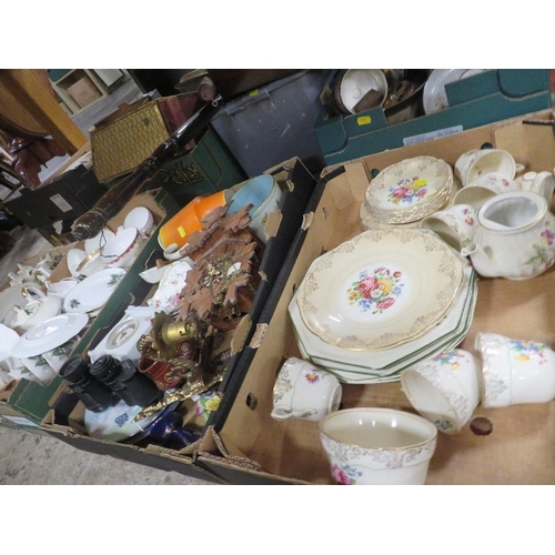 92 - THREE TRAYS OF ASSORTED CERAMICS AND SUNDRIES TO INCLUDE A MODERN CUCKOO CLOCK