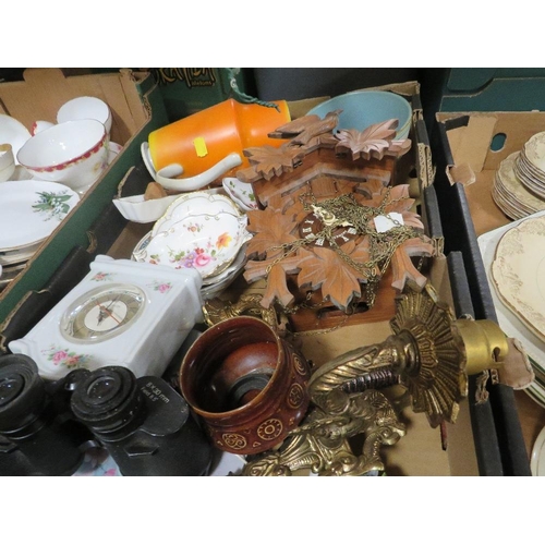 92 - THREE TRAYS OF ASSORTED CERAMICS AND SUNDRIES TO INCLUDE A MODERN CUCKOO CLOCK