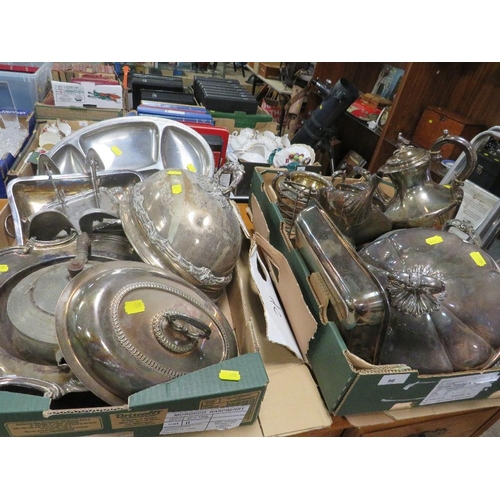 96 - TWO TRAYS OF ASSORTED METALWARE TO INCLUDE A FOUR PIECE TEA SERVICE