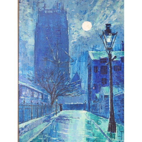 36 - B.R ENTWISTLE. Impressionist rainy moonlit scene of Liverpool Cathedral, signed and dated 1969 lower... 