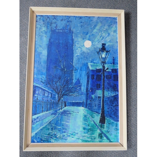 36 - B.R ENTWISTLE. Impressionist rainy moonlit scene of Liverpool Cathedral, signed and dated 1969 lower... 