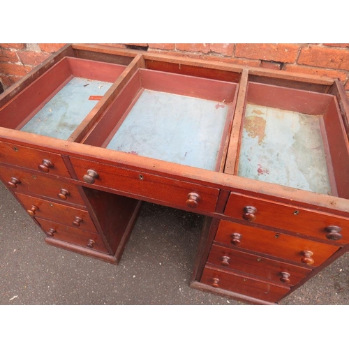 858 - A 19TH CENTURY TWIN PEDESTAL DESK OF SMALL PROPORTIONS, having an inset green leather writing surfac... 