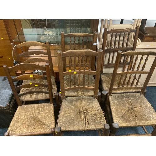 848 - A set of four antique oak wicker Lancashire style chairs together with two further wicker seat antiq... 