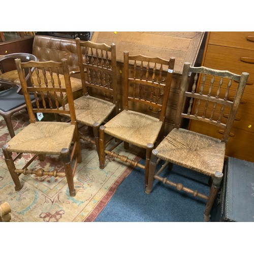 853 - A set of four antique Oak Lancashire style wicker seat chairs