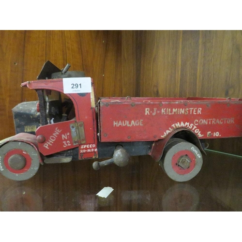 291 - A 20TH CENTURY SCRATCHBUILT WOODEN LORRY 'R.J. KILMISTER' HAULAGE CONTRACTOR WALTHAMSTOW