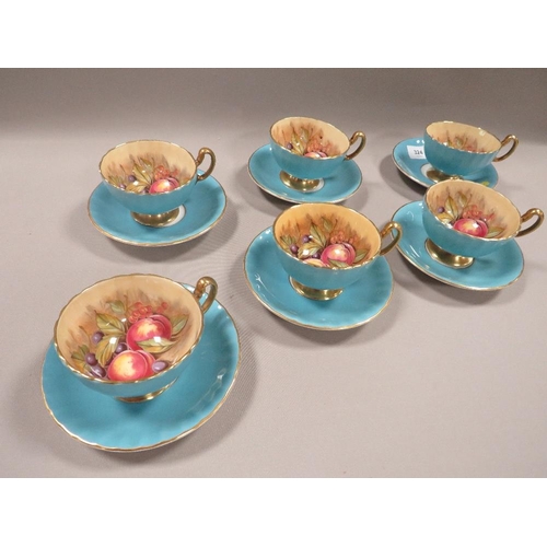 324 - SIX AYNSLEY 'ORCHARD GOLD' CABINET CUPS AND SAUCERS - LIGHT BLUE - SIGNED