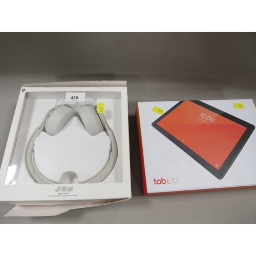 436 - A BOXED LENOVO TABLET TABE10 TOGETHER WITH A PAIR OF JQM HEADPHONES