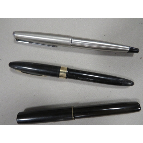 452 - THREE FOUNTAIN PENS COMPRISING A PARKER, WATERMANS PLUS A SHEAFFER WITH A 14 CARAT GOLD NIB