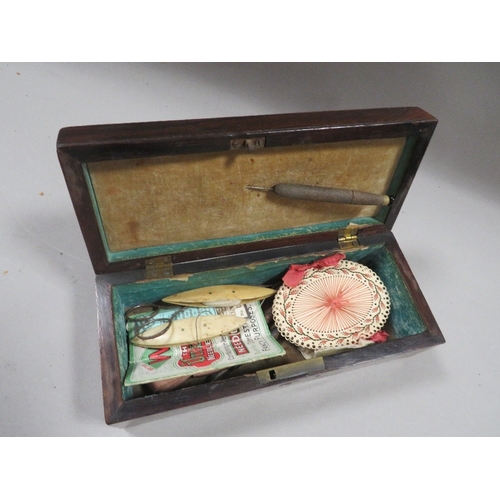 464 - A VICTORIAN ROSEWOOD SEWING BOX WITH ACCESSORIES