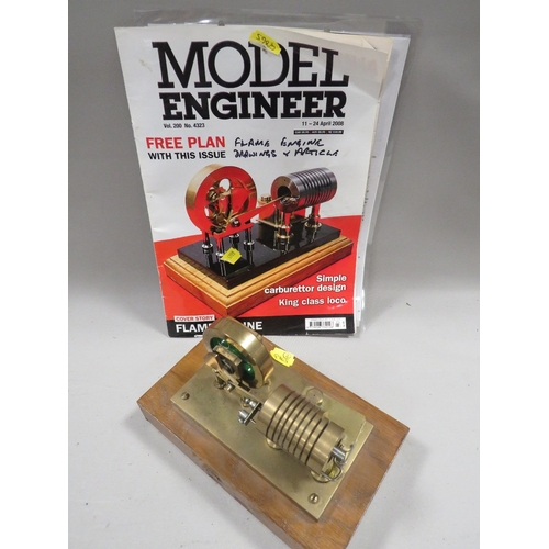 472 - A FLAME / VACUUM ENGINE ON WOODEN PLINTH, with build plans