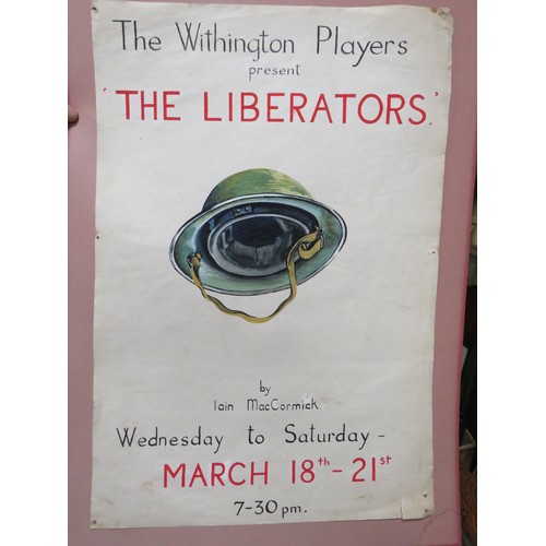 1 - VINTAGE PAINTED PAPER LAID ON CARD ADVERTISING THEATRE SIGN FOR 'THE WITHINGTON PLAYERS 'THE LIBERAT... 