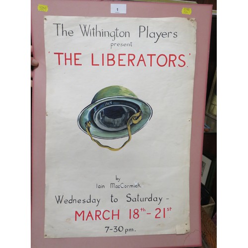 1 - VINTAGE PAINTED PAPER LAID ON CARD ADVERTISING THEATRE SIGN FOR 'THE WITHINGTON PLAYERS 'THE LIBERAT... 