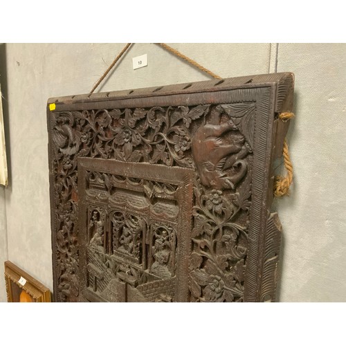 10 - A EASTERN / ORIENTAL CARVED HARDWOOD WALL HANGING PANEL, DEPICITING ANIMALS, FIGURES AND FOLIAGE, 60... 