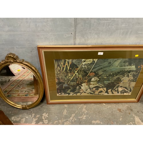 11 - FOUR FRAMED PRINTS TO INCLUDE SIGNED EXAMPLES TOGETHER WITH A GILT FRAMED MIRROR (5)