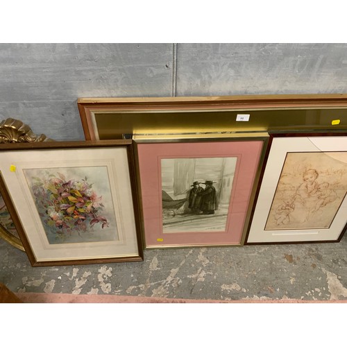 11 - FOUR FRAMED PRINTS TO INCLUDE SIGNED EXAMPLES TOGETHER WITH A GILT FRAMED MIRROR (5)