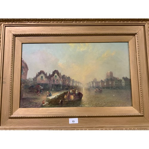 13 - CLIFFORD M? - AN OIL ON CANVAS DATED 1911 OF A CONTINENTAL TOWN RIVER SCENE WITH BOATS AND FIGURES