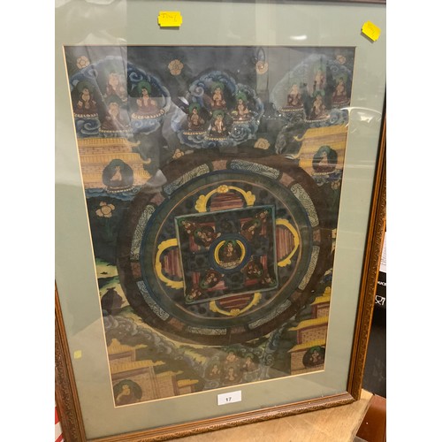 17 - A FRAMED TIBETAN THANGKA PAINTING ON FABRIC 49CM X 65CM ( INCLUDING FRAME )