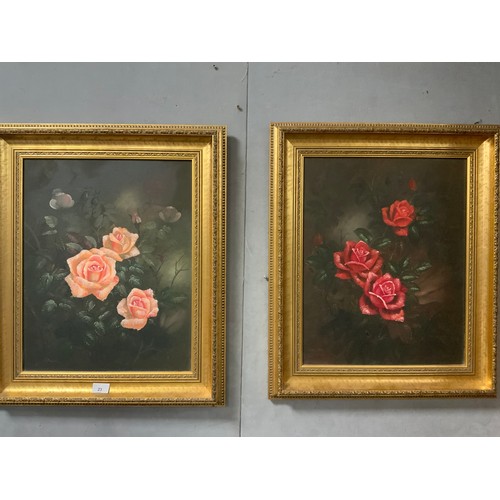 23 - A PAIR OF GILT FRAMED OILS ON BOARDS OF ROSES