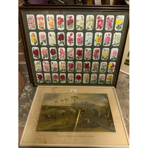 27 - THREE FRAMED SETS OF CIGARETTE CARDS TOGETHER WITH FOUR FRAMED HUNTING PRINTS (7)