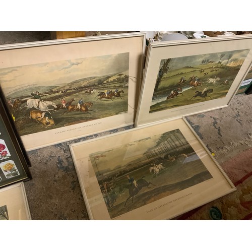 27 - THREE FRAMED SETS OF CIGARETTE CARDS TOGETHER WITH FOUR FRAMED HUNTING PRINTS (7)