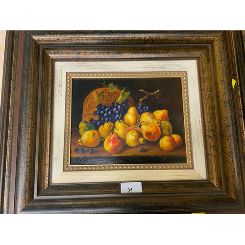 31 - THREE FRAMED STILL LIFE OILS ON CANVAS OF FRUIT / FLOWERS ON A TABLE SIGNED LOWER RIGHT LACOSTA??