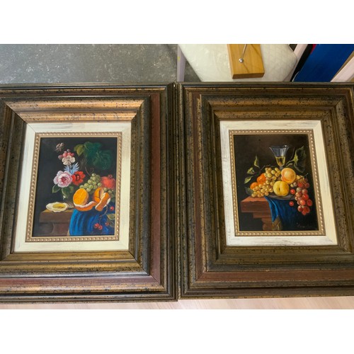 31 - THREE FRAMED STILL LIFE OILS ON CANVAS OF FRUIT / FLOWERS ON A TABLE SIGNED LOWER RIGHT LACOSTA??