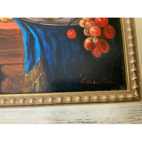 31 - THREE FRAMED STILL LIFE OILS ON CANVAS OF FRUIT / FLOWERS ON A TABLE SIGNED LOWER RIGHT LACOSTA??