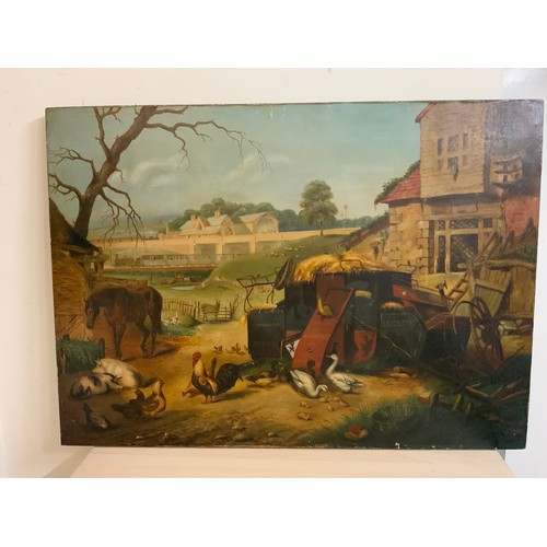 33 - AN OIL ON CANVAS DEPICTING A DISCARDED CARRIAGE IN FRONT OF A FARMHOUSE WITH VARIOUS FARM ANIMALS AN... 