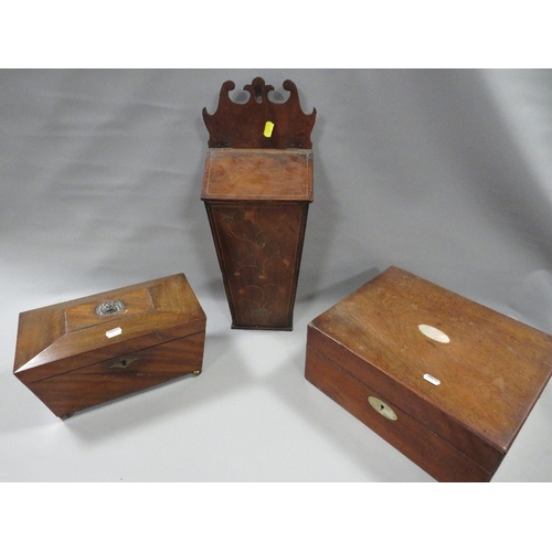 116 - A TRAY OF TREEN TO INCLUDE AN ANTIQUE MARQUETRY CANDLE BOX