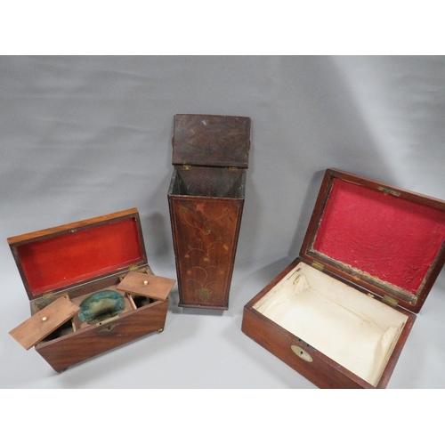 116 - A TRAY OF TREEN TO INCLUDE AN ANTIQUE MARQUETRY CANDLE BOX