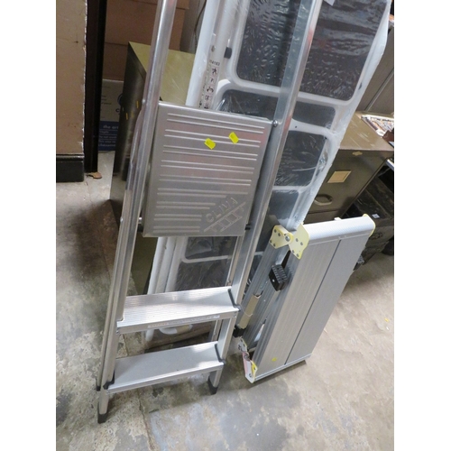 616 - TWO SETS OF STEP LADDERS AND A FOLDING ALUMINIUM PLATFORM STEP