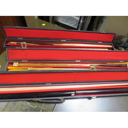 620 - THREE POOL / SNOOKER CUES AND CASES