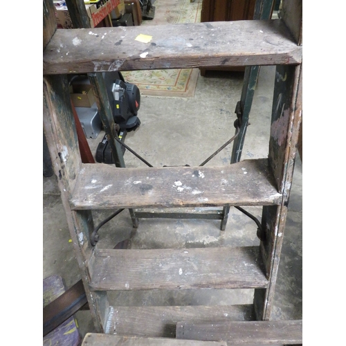 623 - A VINTAGE WOODEN STEP LADDER TOGETHER WITH A STOOL, SCYTHE AND TWO WASH BOARDS